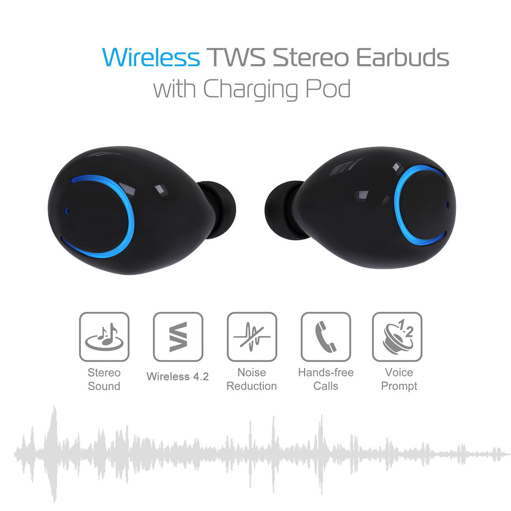 Wireless TWS Earbuds with Stereo Sound, Noise-Reducing Mic, and Charging Case.