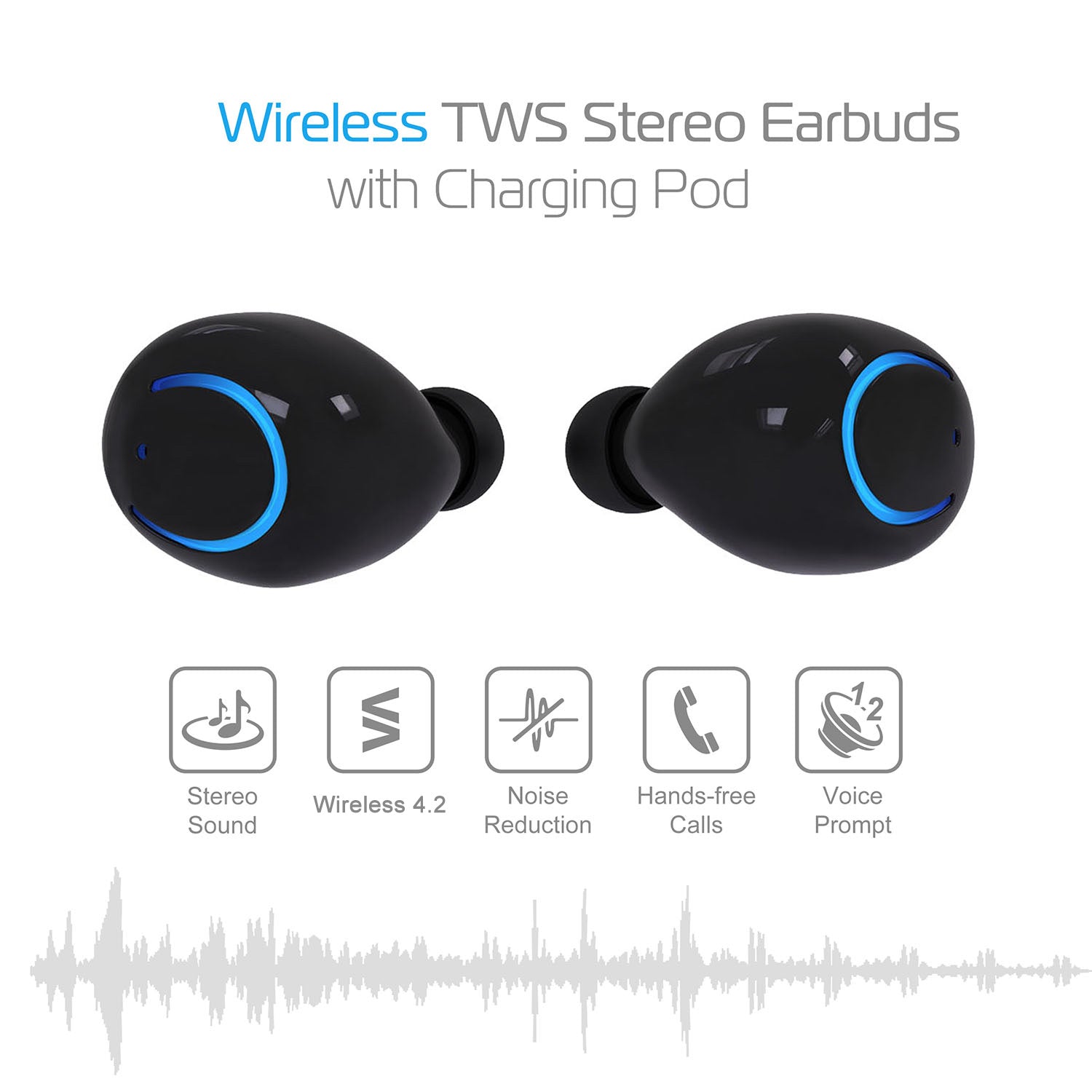 Wireless TWS Earbuds with Stereo Sound, Noise-Reducing Mic, and Charging Case.