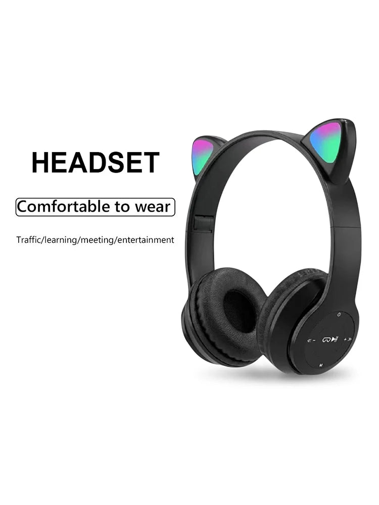 Wireless Headphones Cat Ear Bluetooth-Compatible Helmets Glow Light Over-Ear Headsets Cute Sports Headphones for Kids and Adult