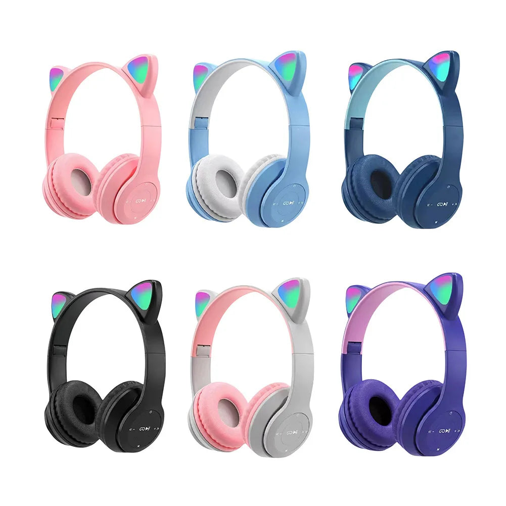 Wireless Headphones Cat Ear Bluetooth-Compatible Helmets Glow Light Over-Ear Headsets Cute Sports Headphones for Kids and Adult